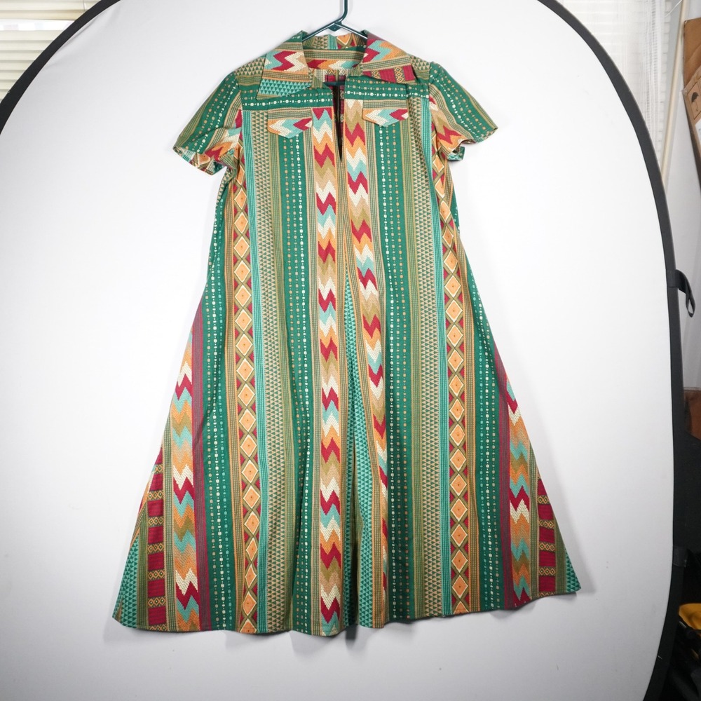 VTG Southwestern Stripe Handmade Dress 70s Collar L Green Red Geometric Maxi